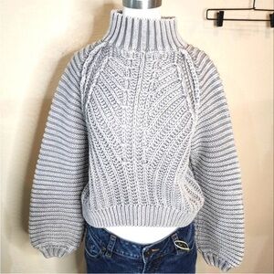 Free People Light Gray Cable Knit Turtleneck Sweater S